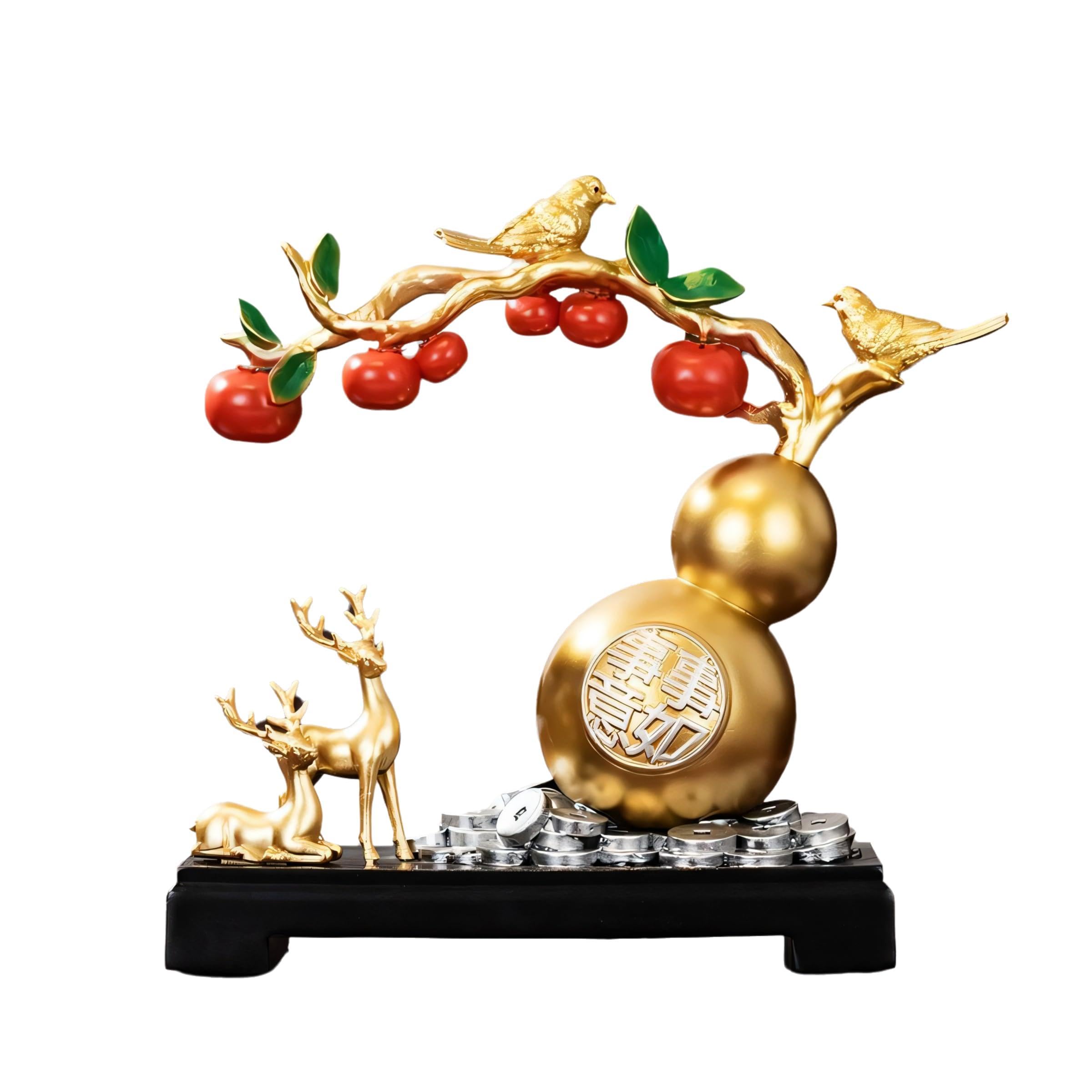 Photo 1 of YANTIANCAI Decorative Feng Shui Gourd Sculpture, Gold Birds with Red Fruits, Blue Deer Figurines, Lucky Coins Base (Gold)