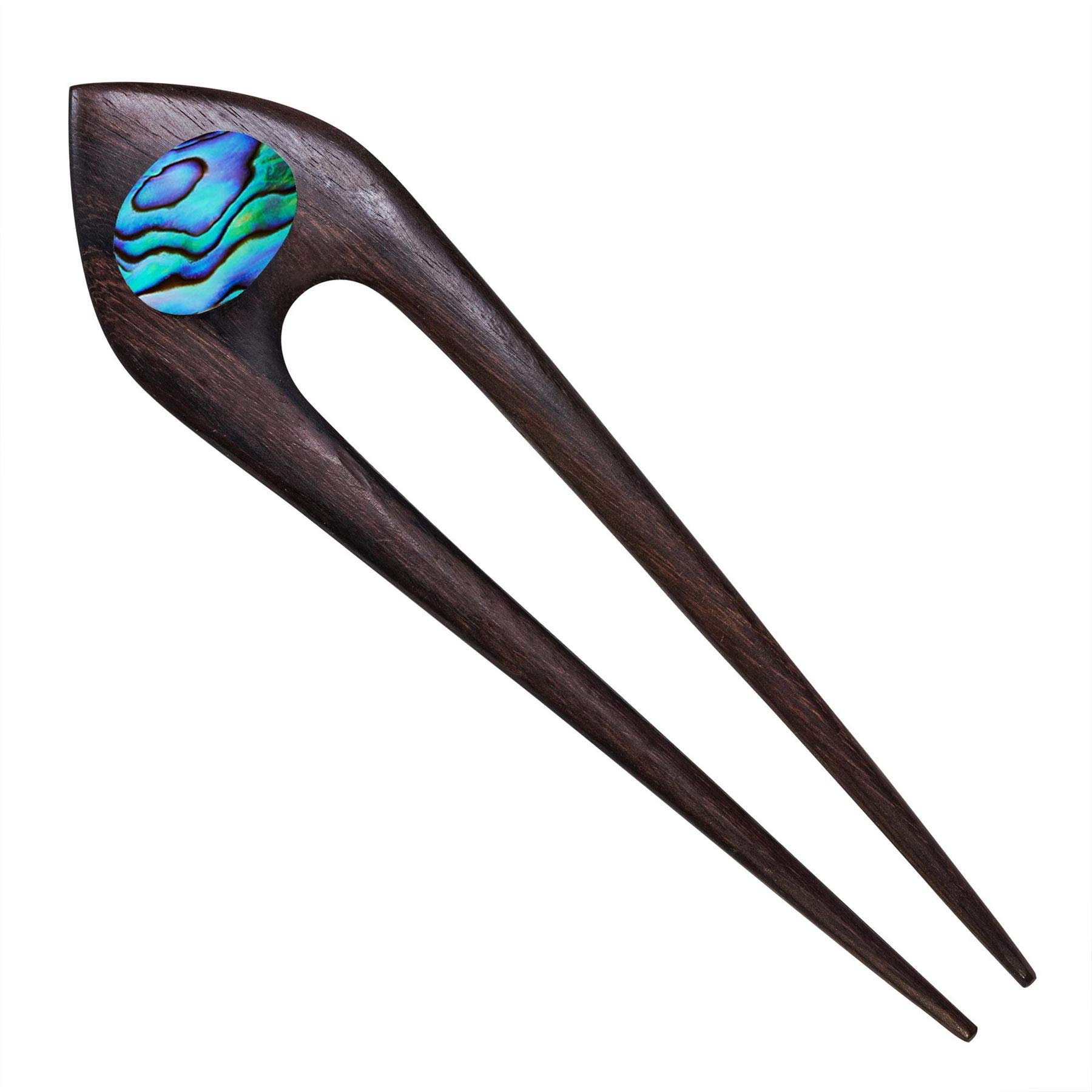 81stgeneration Women's Brown Natural Wood Wooden Double Prong Abalone Paua Shell Hair Stick Pin Hairpin