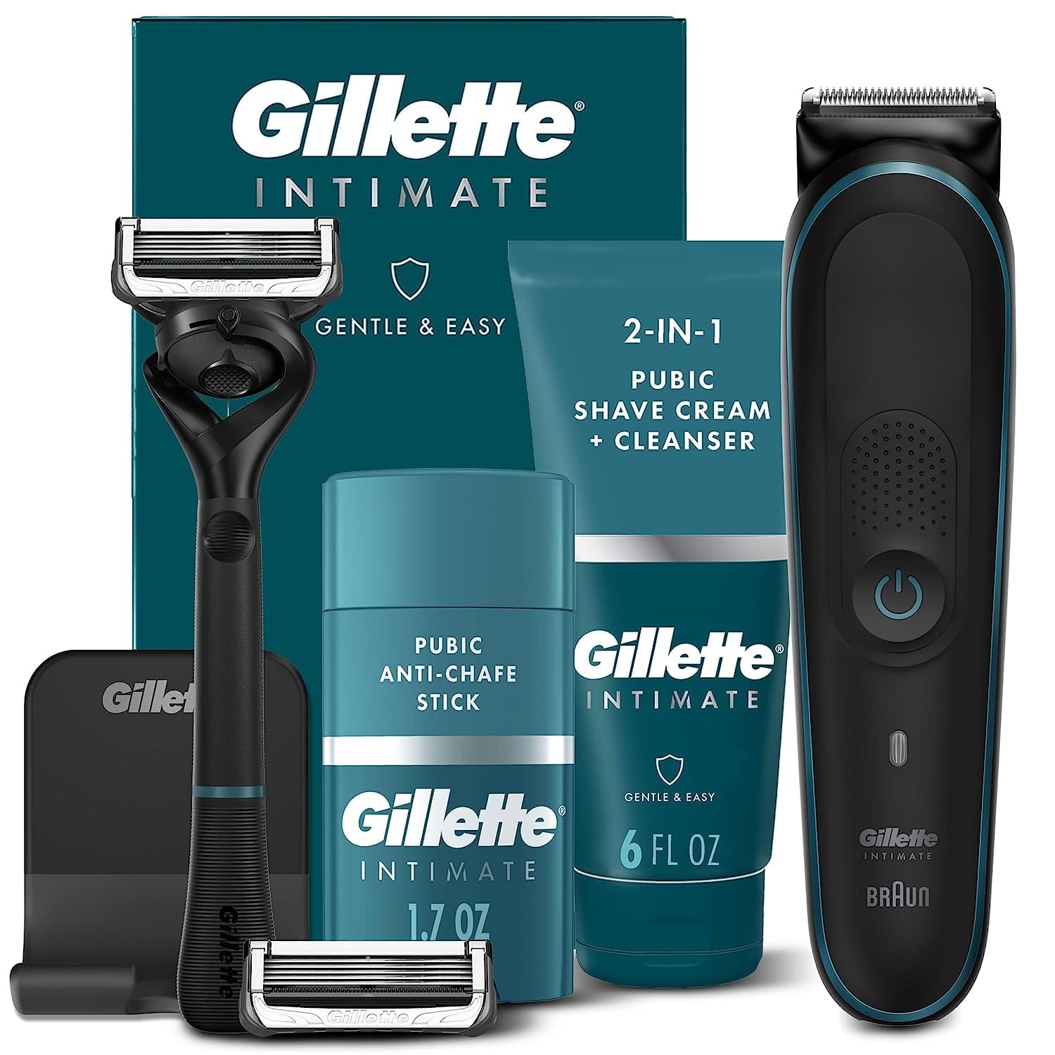 Gillette Intimate Manscape Kit, Men’s Pubic Trimmer, SkinFirst, Waterproof, Cordless, Wet/Dry Use, Men’s Pubic Razor, 1 Razor Handle, 2 Refills, 2in1 Pubic Shave Cream & Cleanser, & Anti-chafe Stick