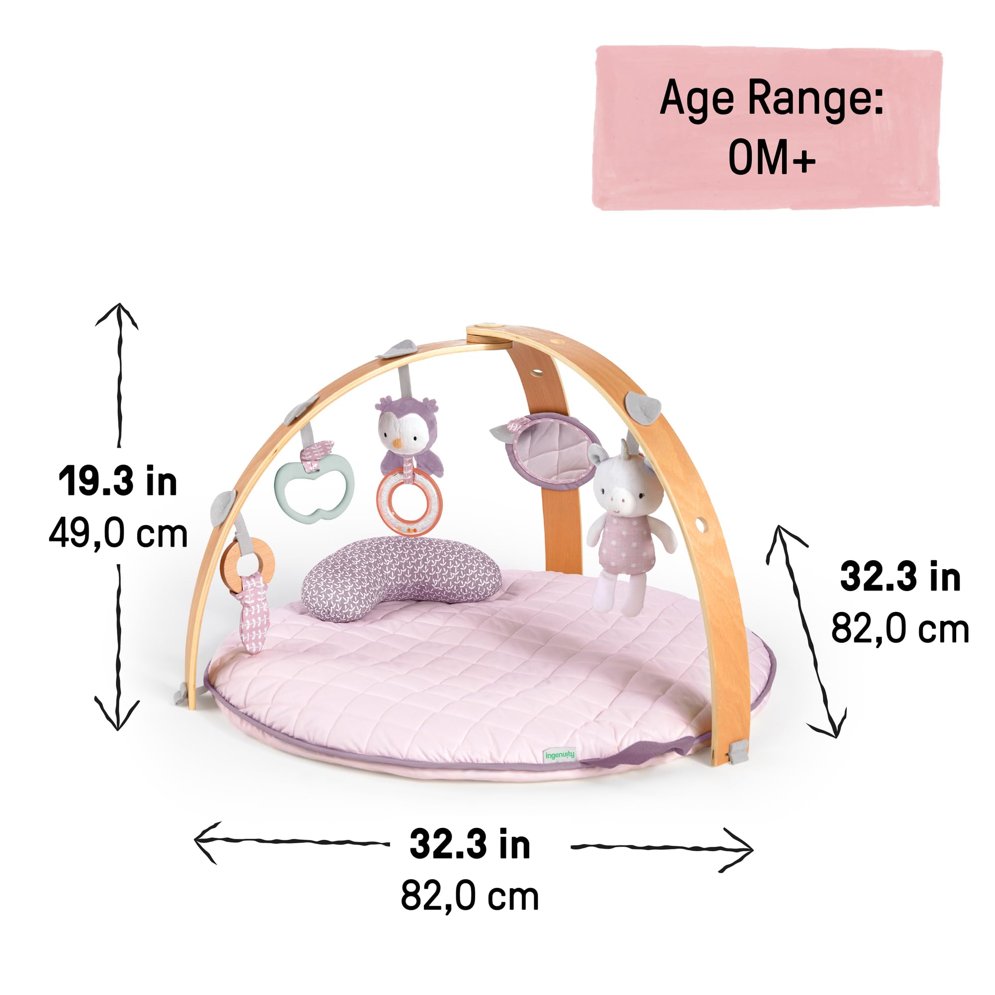 Ingenuity Cozy Spot Reversible Duvet Activity Gym & Play Mat with Wooden-Toy-bar - Calla (Pink), Newborn and up