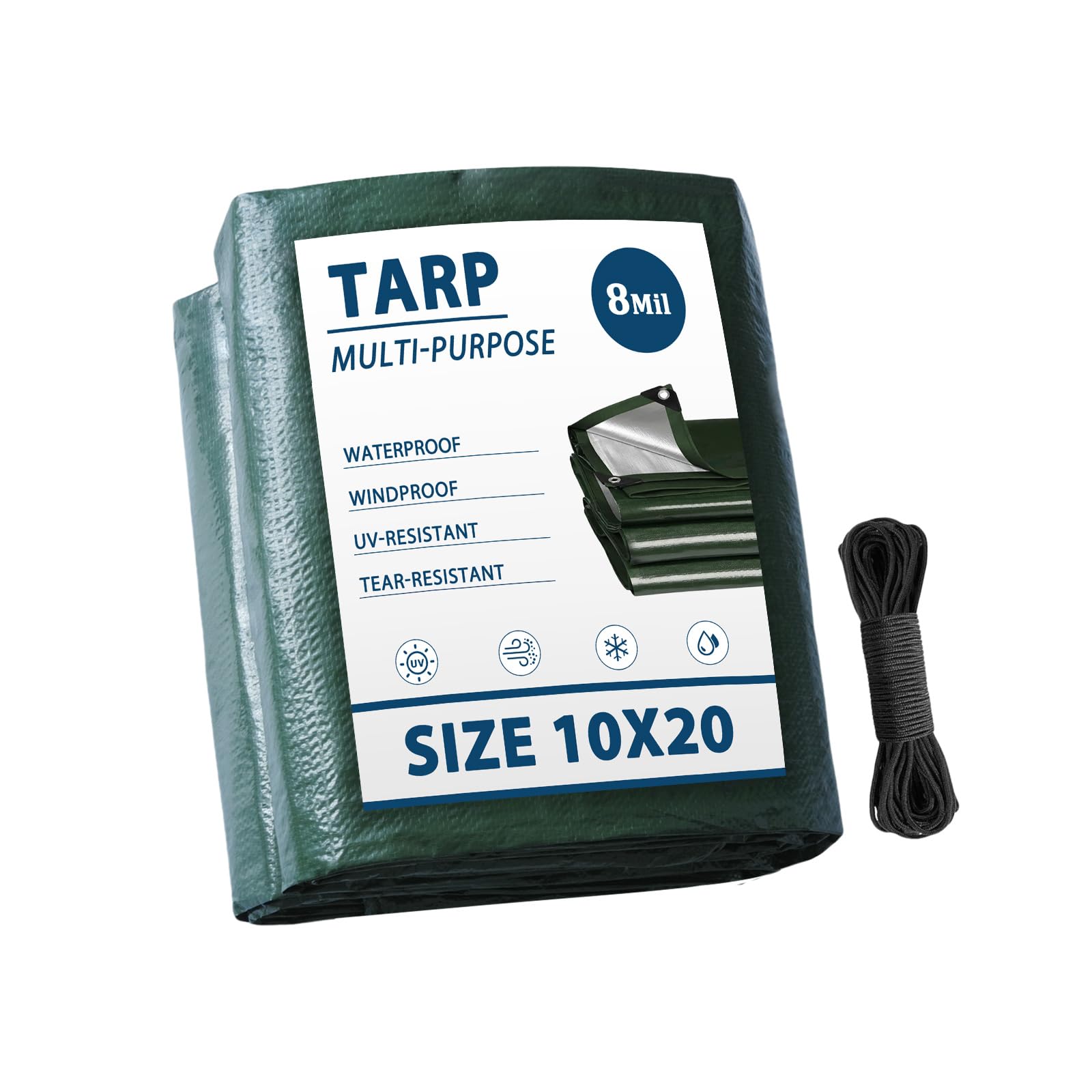 Photo 1 of Vandham Tarp Waterproof 10x20 Multi-Purpose Green Camping Tarps 8Mil Thick with Reinforced Grommets for Under Pool, Emergency Rain Cover Outdoor