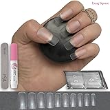 100-pieces LONG SQUARE NAIL SET with FREE GLUE & PREP FILE, 10 Sizes – Clear Express Full Cover False Fingernail Extensions for Salon Professionals & Home Use - By Vixi
