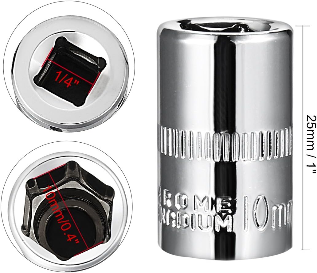 sourcingmap 4 Pcs 1/4-Inch Drive 10mm 6-Point Shallow Socket, Metric, Cr-V, Silver Tone - Image 4