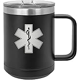 Rogue River Tactical Black EMT Star of Life Stainless Steel Coffee Mug Tumbler With Lid Novelty Cup Great Gift Idea For EMT EMS or Paramedic
