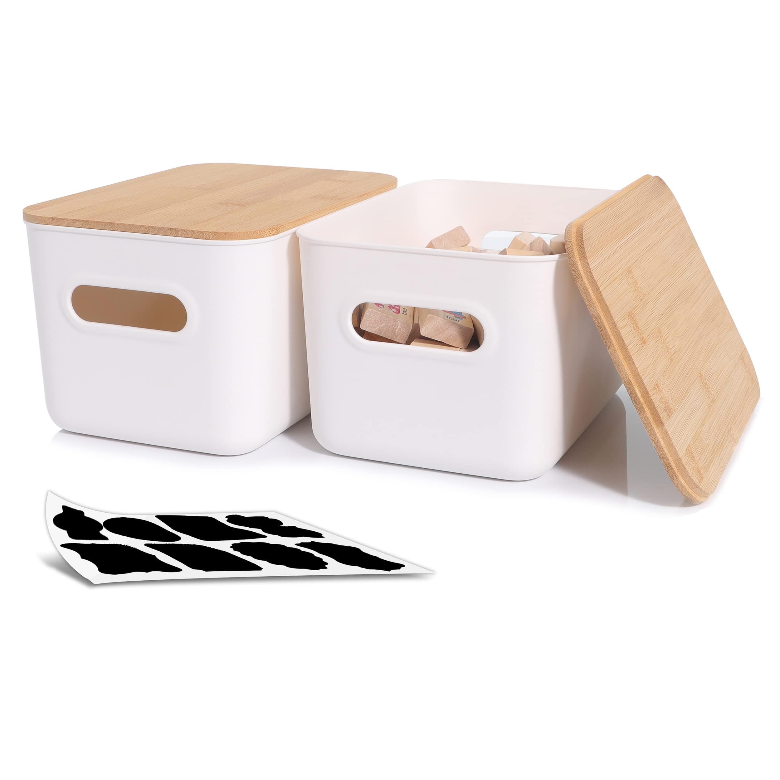 Citylife 2Pack 6.5L Storage Box with Wood Lid, Plastic Storage Containers for Bathroom, Stackable Organizing Box with Handle for Shelves, Kitchen, White, 25.8 x 17.8 x 14.8 cm
