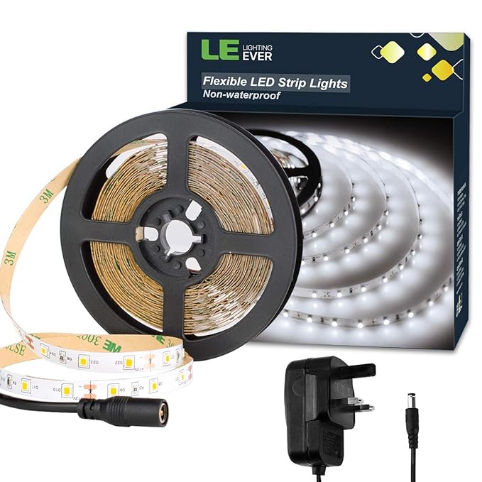 LE 5M LED Strips Lights Kit, 300 SMD 2835 LEDs, Daylight White LED Tape