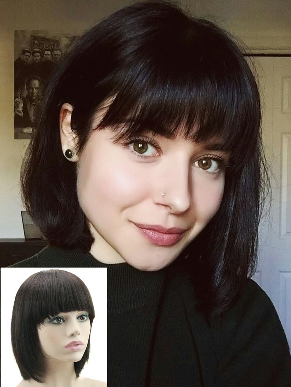 Deewin Bob Short Human Hair Wig with Bangs Machine Made Glueless Brazilian Human Hair Wig for Women Natural Black 10 Inch (black)