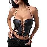 WDIRARA Women's PU Leather Lace Up Halter Top Sleeveless Tie Backless Crop Tops Party Clubwear