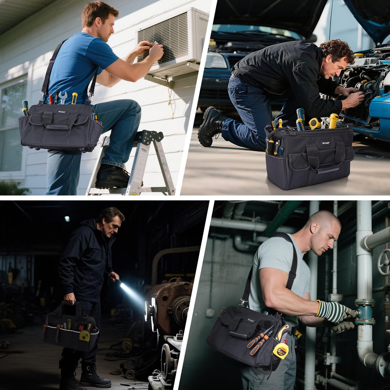 TICONN Heavy Duty Tool Bag with Multi-Pockets, Portable Tool Box Organizer Storage Bag, with Adjustable Shoulder Strap and Ergonomic Handle (Black, 16