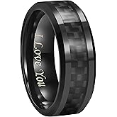 CROWNAL 6mm 8mm 10mm Black Carbon Fiber Black Tungsten Carbide Wedding Band Ring Engraved I Love You Men Women Size 4 to 16