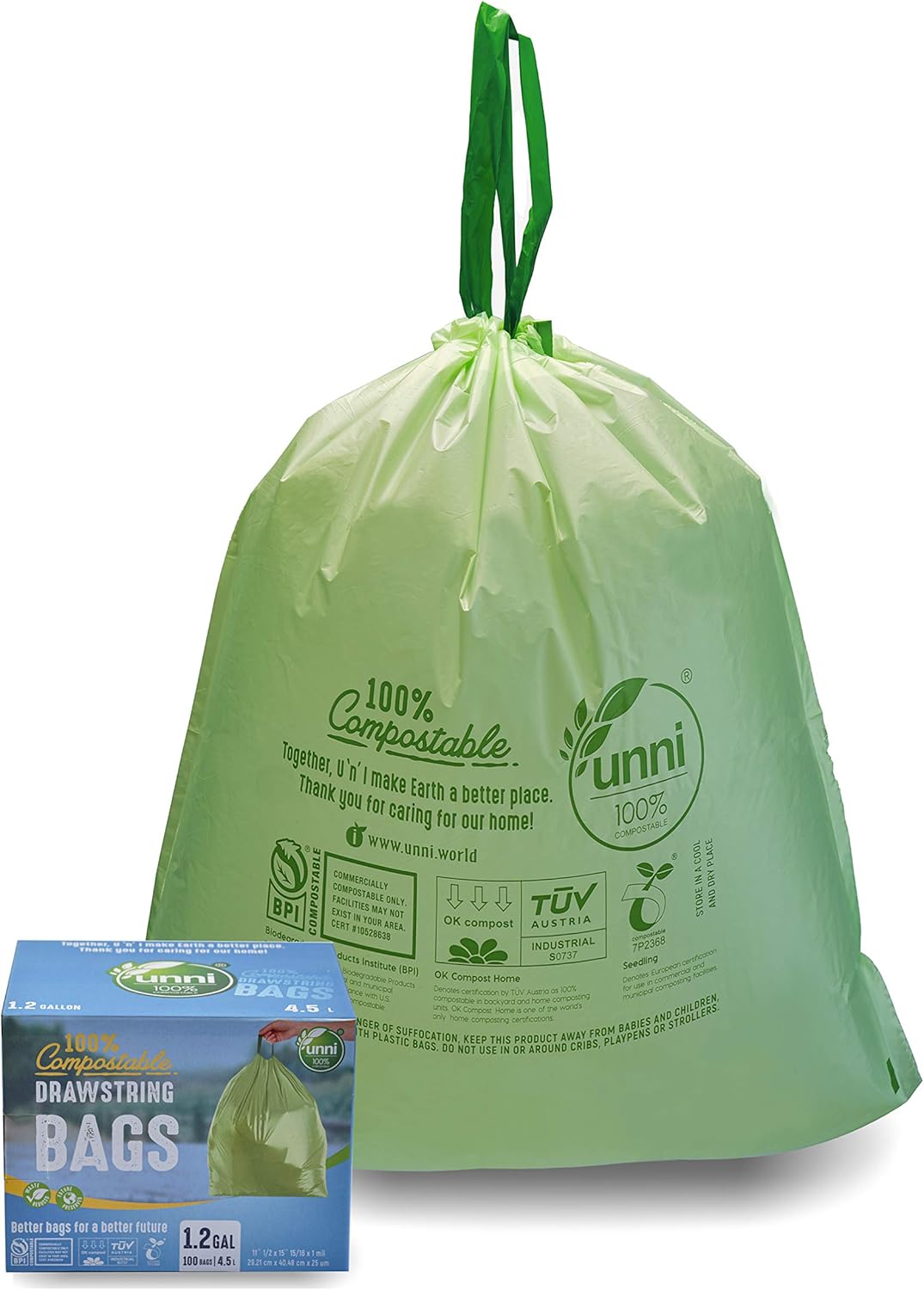 UNNI 100% Compostable Drawstring Trash Bags, 1.2 Gallon, 4.5 Liter, 100 Count, Food Scrap Small Kitchen Waste Bags, US BPI and Europe OK Compost Certified, Earth Friendly Highest ASTM D6400