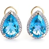 Galaxy Gold GG 9.32 Carat 14K Solid Gold French Clips Earrings Diamond Blue Topaz