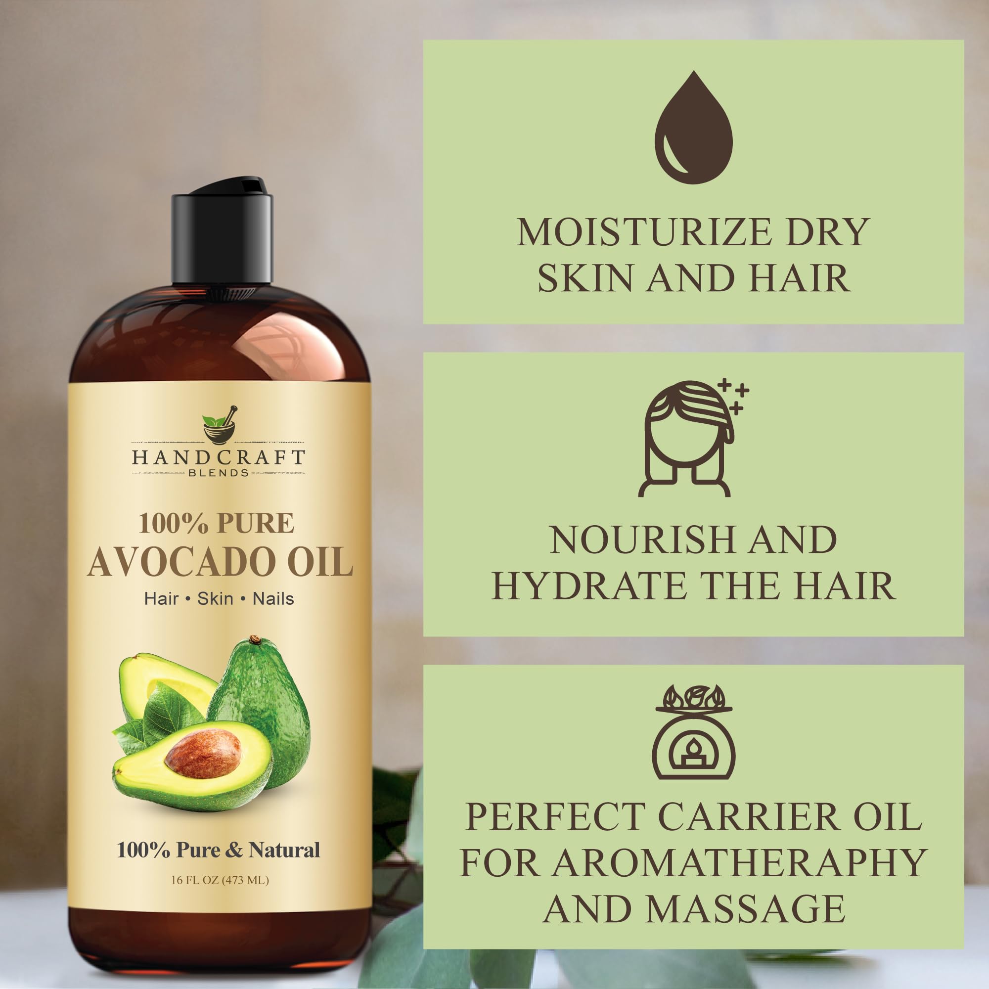 Handcraft Blends Avocado Oil - Cold-Pressed 16 Fl Oz - 100% Pure and Natural - Premium Grade Carrier Oil for Skin and Hair - Hair and Body - Massage - Hexane-Free