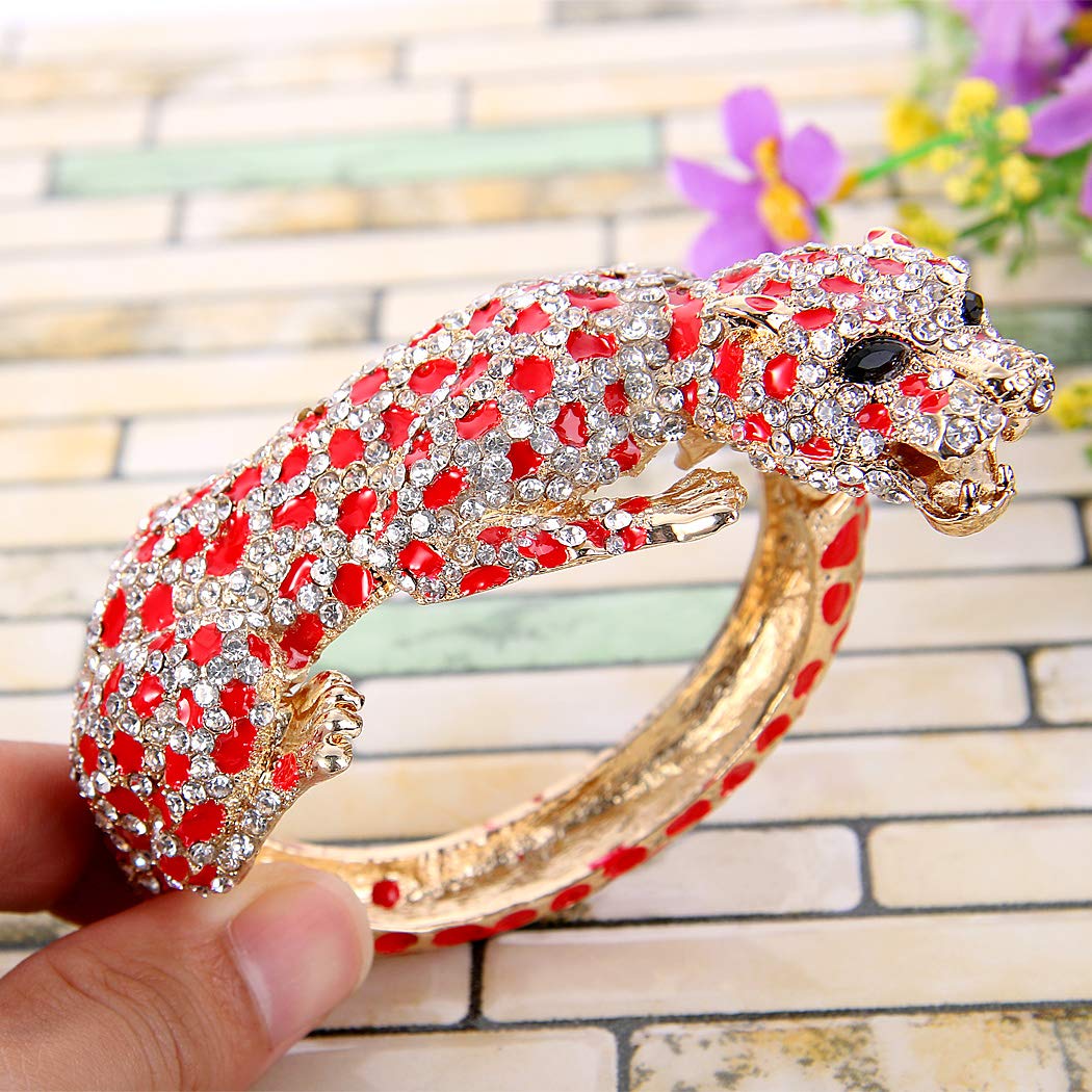 Feast EVER FAITH Austrian Crystal Black Enamel Gorgeous Leaping Leopard Animal Bracelet for Women