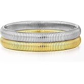 Emibele Gold Bangles Bracelet Set for Women, 18K Gold Plated Chunky Stainless Steel Non Tarnish Stretch Bracelet Stack, Flexible Wide Wristband Bangle Layered Snake Chain Bracelets