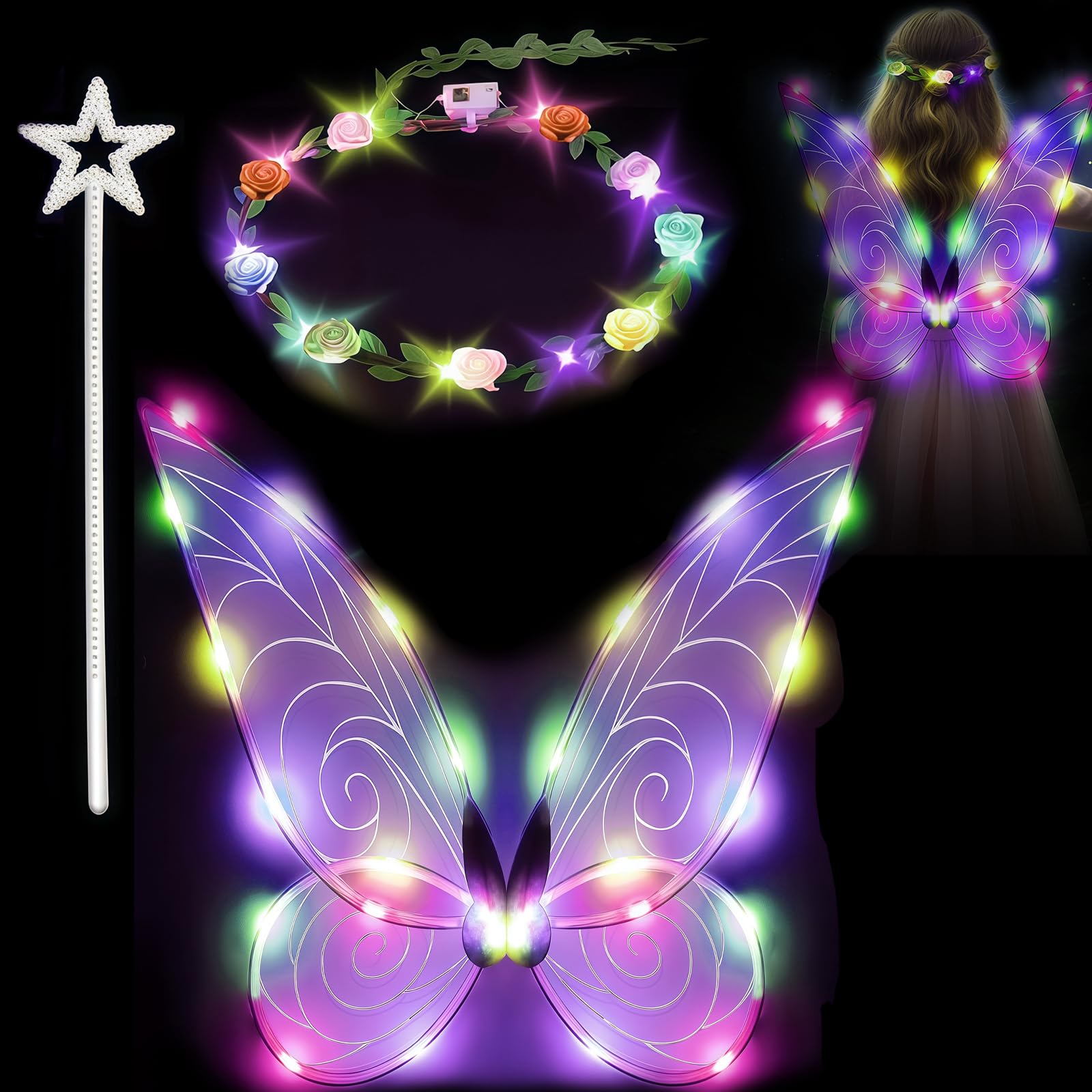EHIOG Light up Fairy Wings, Fairy Wings Adult Women Kids Girls Led Fairy Wings Fairy Costume Adult Women Light up Butterfly Wings Sparkling Sheer Wings for Halloween Birthday Christmas Themed Party