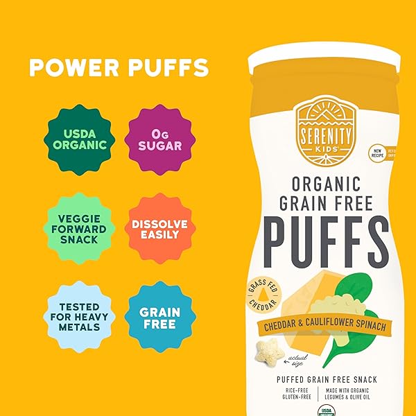 SERENITY KIDS 6+ MONTHS GRAIN-FREE BABY PUFFS – MELT-IN-MOUTH TODDLER SNACKS, EASY-GRIP INFANT SNACKS, REAL VEGGIE & OLIVE OIL ORGANIC BABY FOOD, 1.5 OZ, PACK OF 1, WHITE CHEDDAR & CAULIFLOWER SPINACH