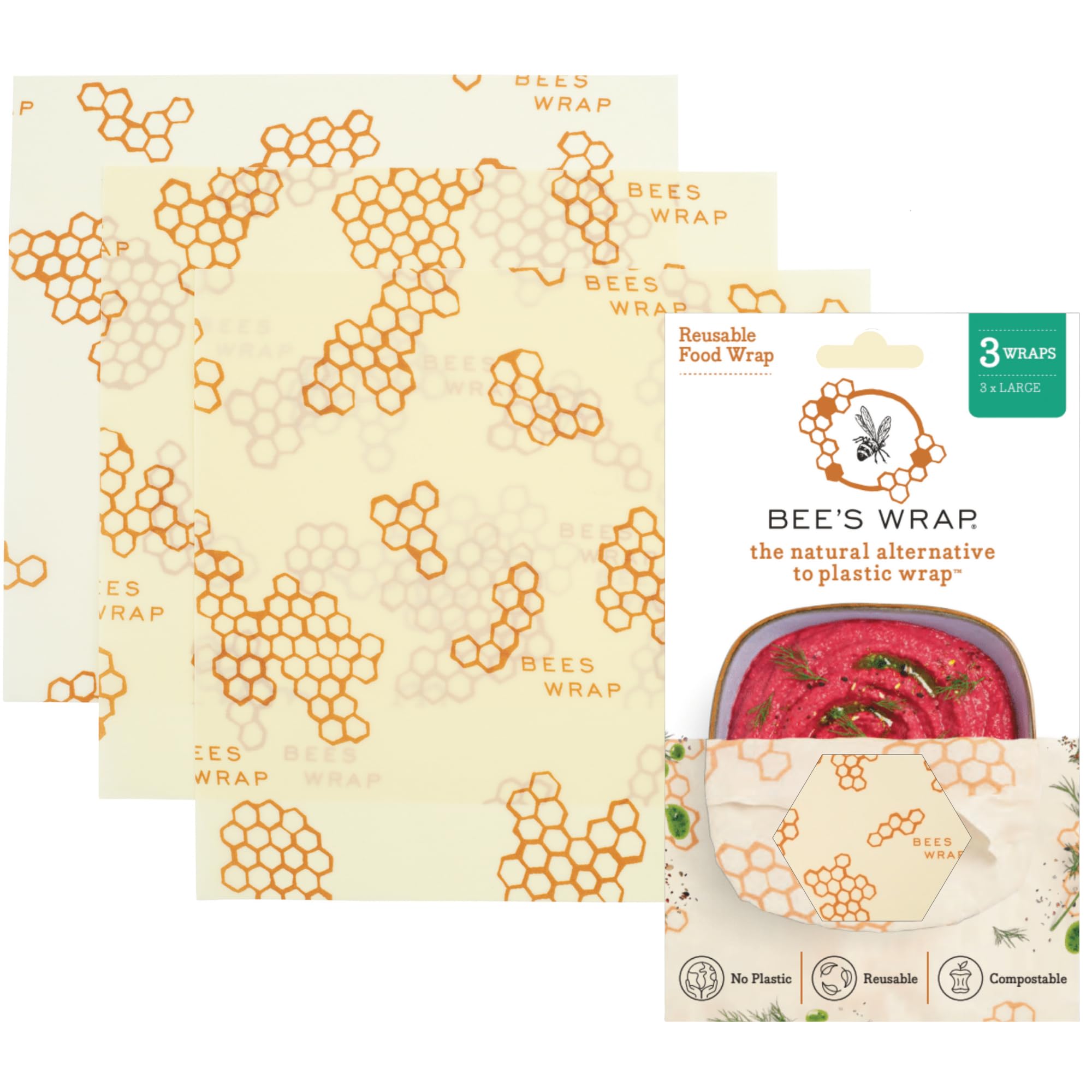 Bee’s Wrap Set of 3 Wraps - Large (33 x 35 cm), Beige