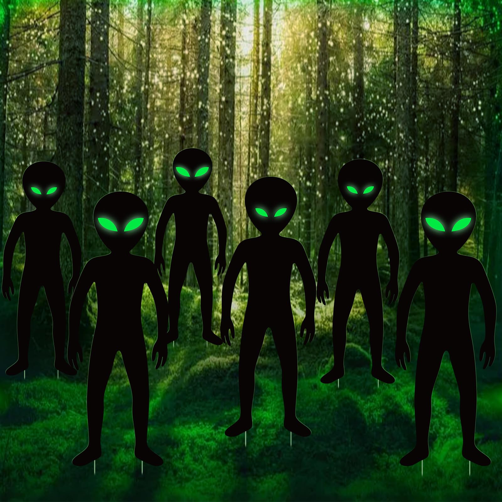 Photo 1 of Geelin 6 Pack 24 Inch Large Halloween Alien Yard Signs with Stakes Glow in the Dark Alien Ufo Lawn Sign Eyes Scary Silhouette Halloween Decorations for Patio Garden Outdoor Decor