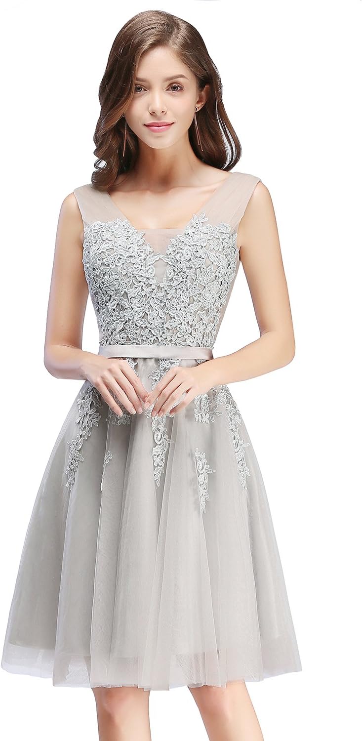 BabyonlinedressBabyonline Lace Tulle Prom Dresses Short V Neck Bridesmaid Homecoming Gown