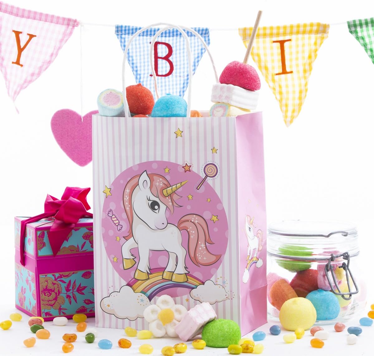 12 Pack Unicorn Kids Birthday Favor Party Bags, For Favors, Gifts, Goodies, Candy and Treats! Cute And Unique Unicorn and Rainbow Design on All 4 Sides!