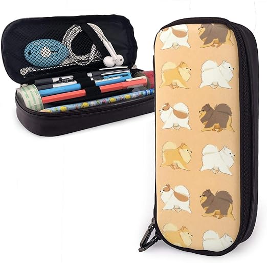 Leather Pencil Case, Pomeranian Dog Pencil Pouch with
