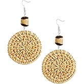 MINACHI Boho Chic Handmade Rattan Wood Dangle Drop Earrings for Women, Bohemian Summer Beach Statement Jewelry Gift for Women