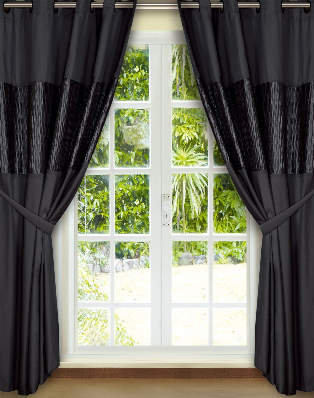 Sterling Mill EMERALD BLACK CREAM TEAL SILVER EYELET FULLY LINED CURTAINS 66" X 72" (Black)