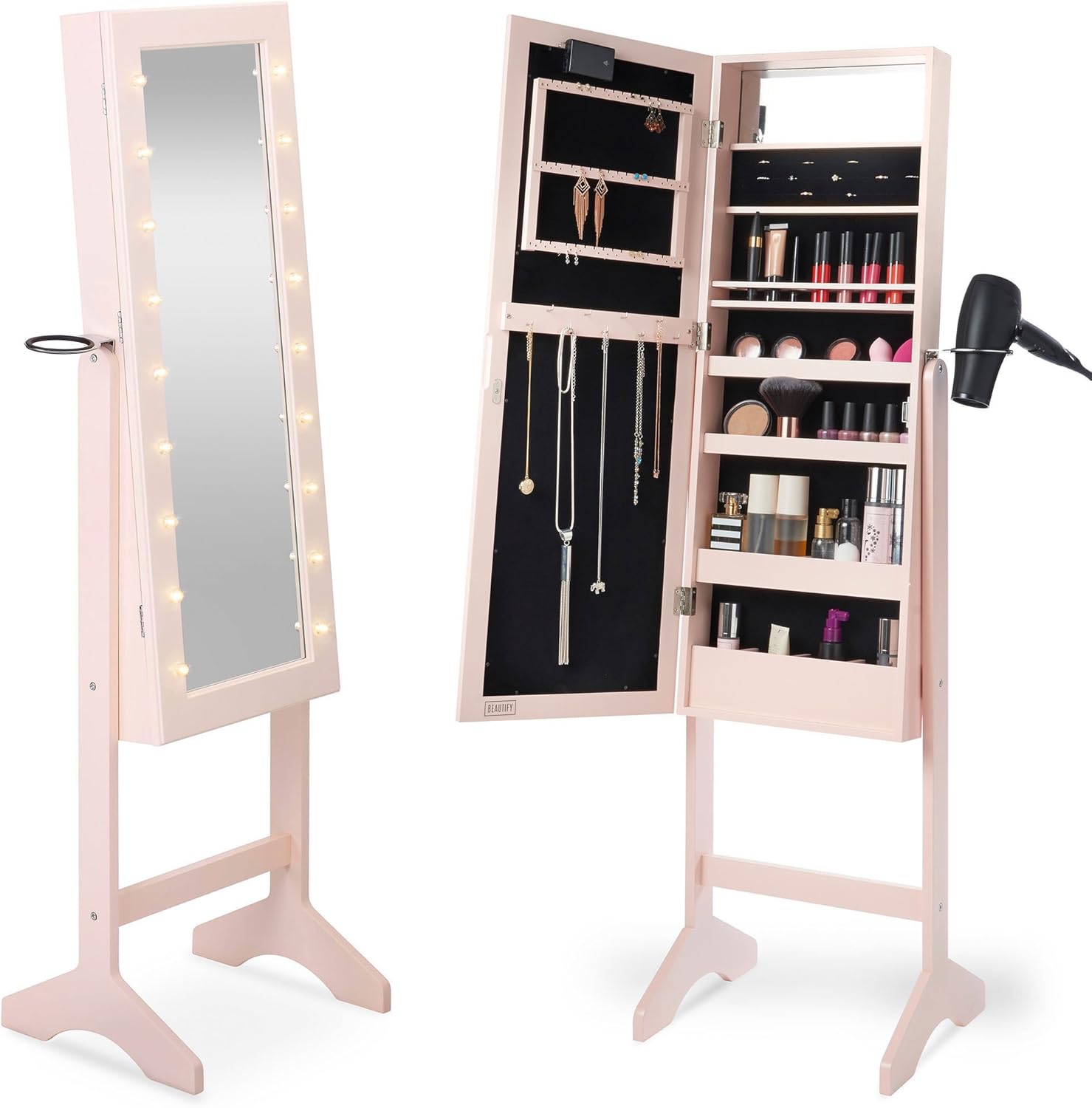 Amazon Com Beautify Mirrored Jewelry Makeup Armoire With Led Lights Floor Standing Organizer Cabinet With Internal And External Mirror Blush Pink Home Audio Theater amazon com