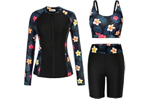 GRACE KARIN Women's 3 Piece Rash Guard Built-in Bra Long Sleeve UV Sun Protection Swimsuit Zip up Swim Top Shirt Modest