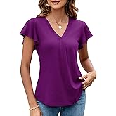 LOMON Womens Tops Dressy Casual Summer Flutter Sleeve T-Shirts Trendy Ruffle Short Sleeve Loose V-Neck Tunic Tops