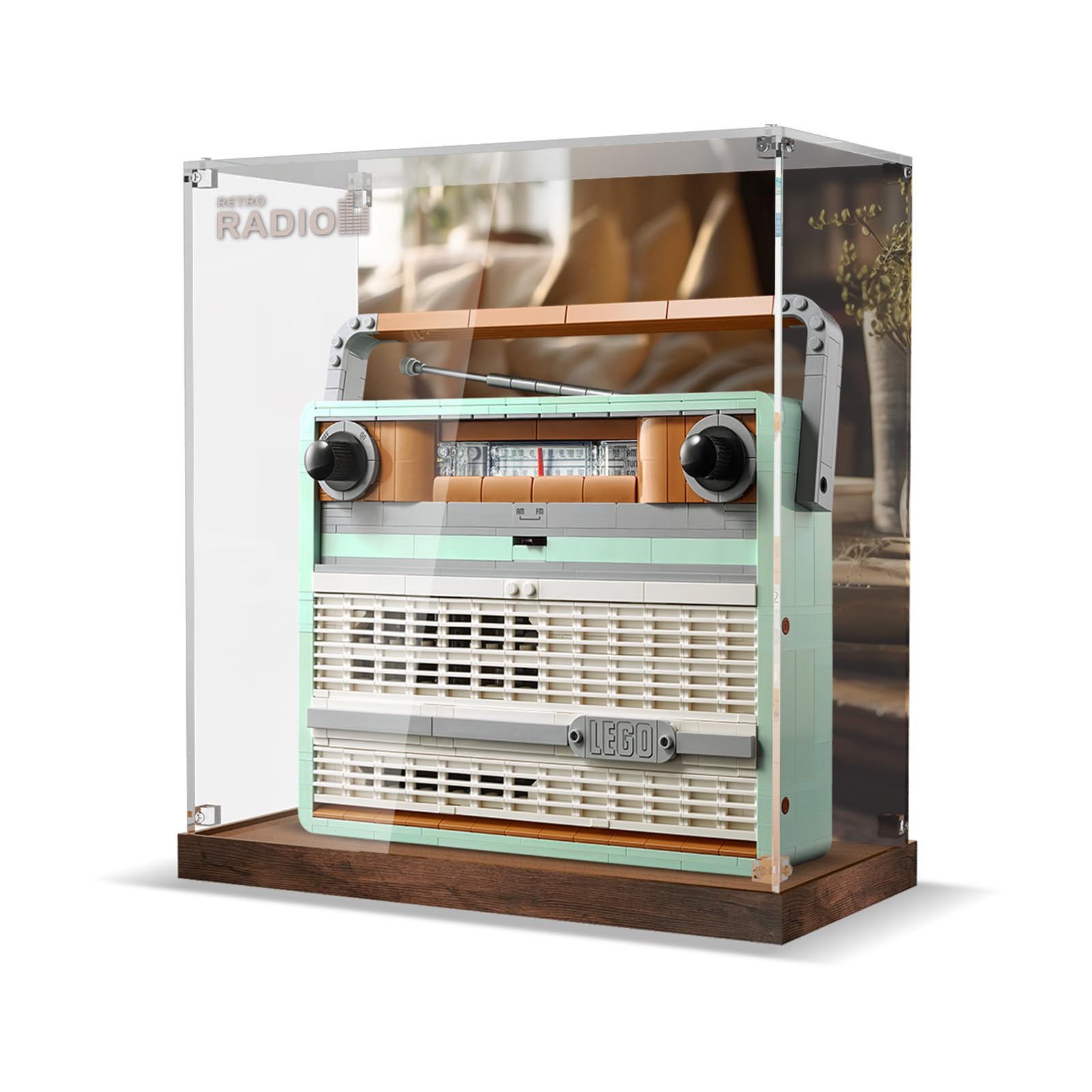 Photo 1 of NAOCARD Acrylic Display Case for Lego Icons Retro Radio Building Set, Dustproof Display Box Compatible with Lego 10334(ONLY Box, NO Model Clear Acrylic Plate with Base & HD Painted Background