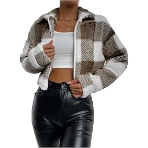MakeMeChic Women Winter Jacket Vintage Plaid Long Sleeve Zip Up Jacket