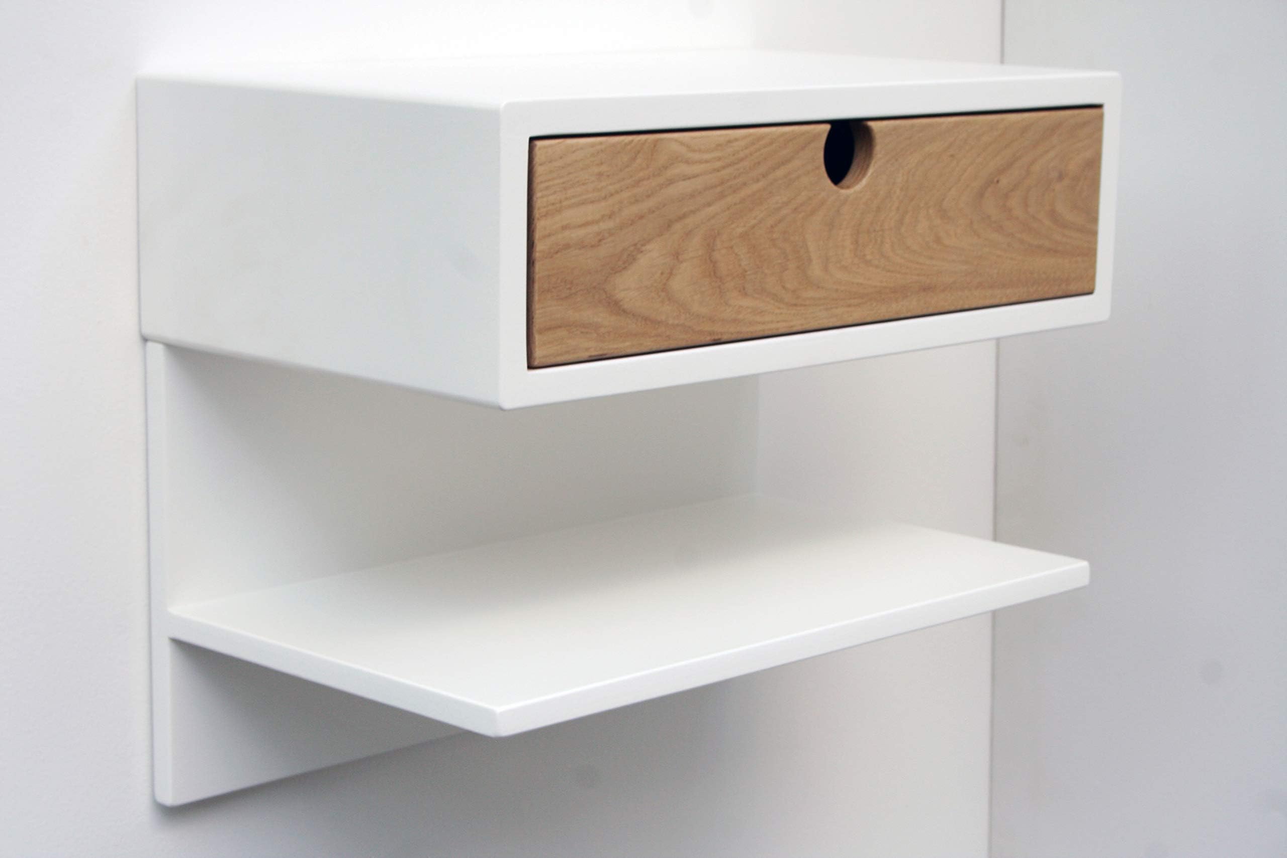 Floating Nightstand White Painted with Shelf & Drawer