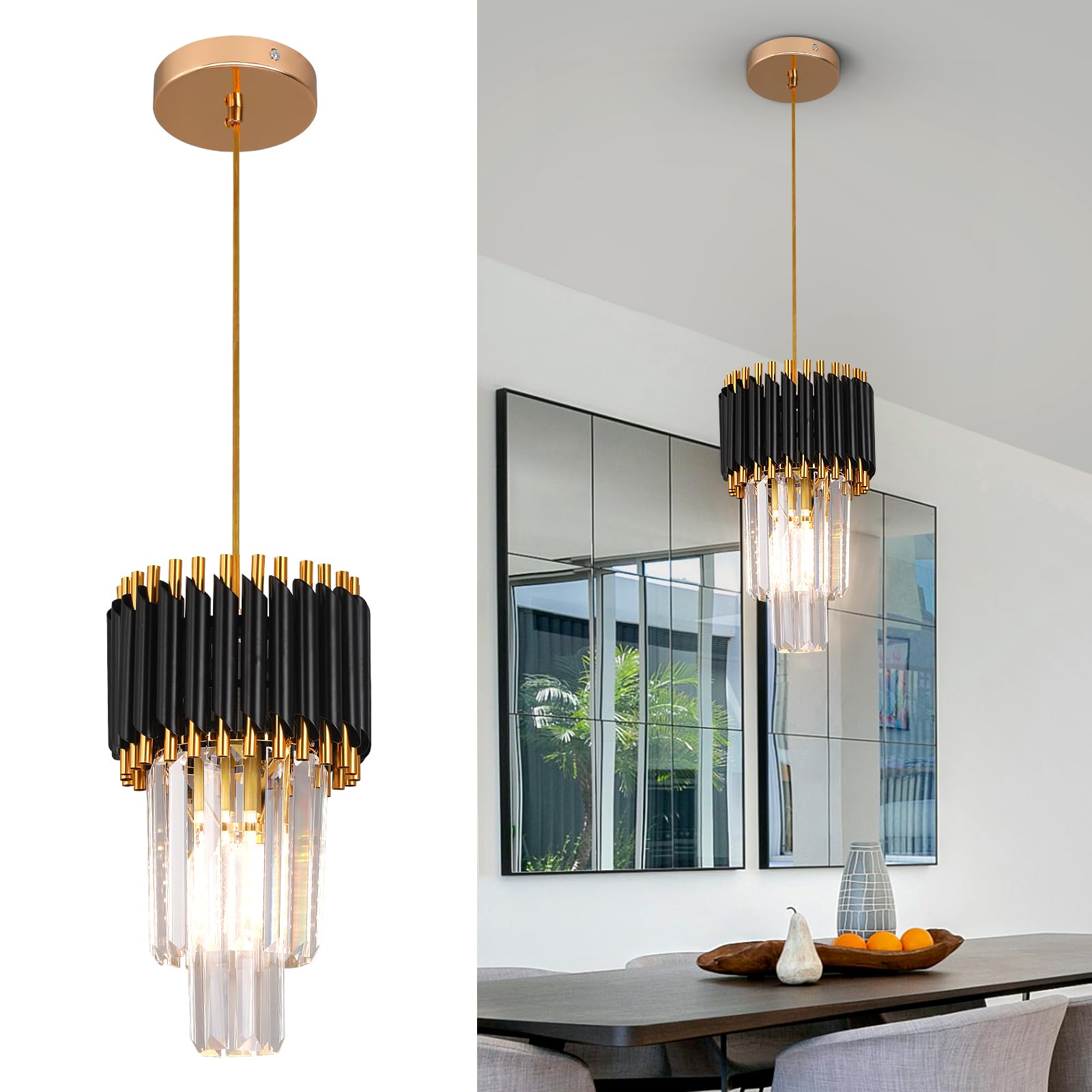 Brfaixla 3-Tier Black Gold Crystal Chandelier 5-Light 15'' Modern Crystal Pendant Chandelier Ceiling Light Fixture Hanging Lighting For Kitchen Island Dining Room Foyer Entryway Bedroom