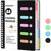 HEYPLACE Subject Notebook Wide Ruled, 8.3x11inch Hardcover 5 Subject Lined Spiral Notebook with Dividers Tabs for School Note Taking Office Journal, 220 Pages, Black