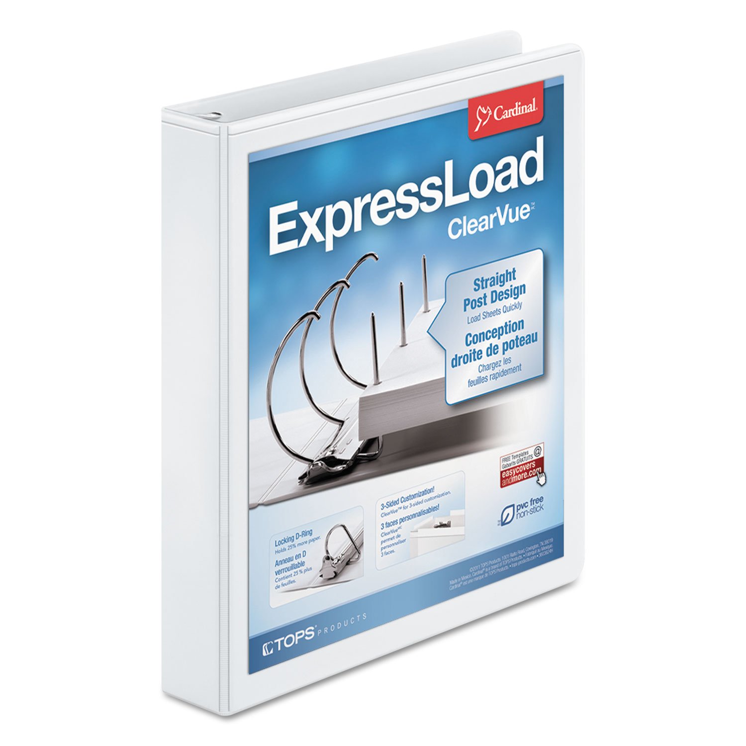 Cardinal ExpressLoad 1.5 Inch D-Ring Binder, 300 Sheet Capacity, ClearVue Cover, Locking D-Rings, White Binder (49110CB)