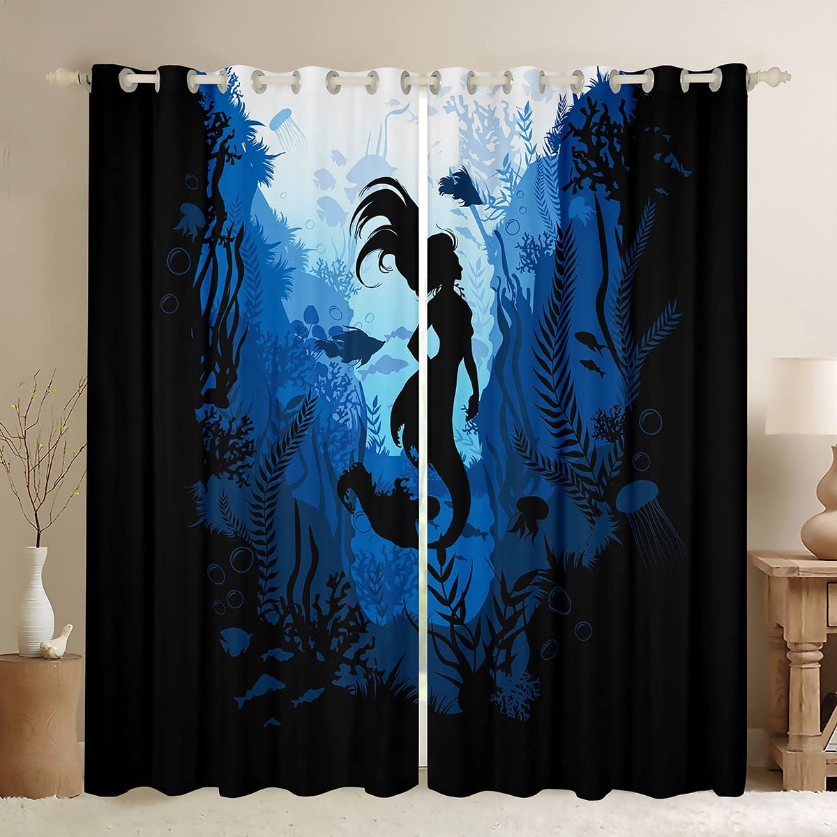 Manfei Mermaid Blackout Curtain Underwater Coral Seaweed Fish Window Treatments, Marine Life Window Drapes for Kids Boys Girls Room Decor Grommet Top 2 Panel Set Bedroom Curtains, 46Wx54L inch