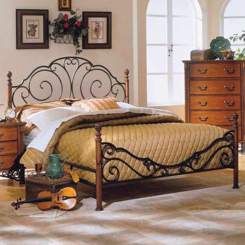 Vintage Bronze Metal Queen Bed Frame Four Poster Scrolls