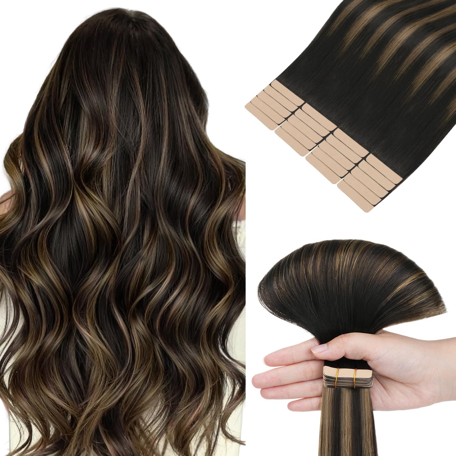 hotbanana Tape in Hair Extensions, 18 Inch Human Hair 20pcs 50g Natural Black to Chestnut Brown Balayage Tape Hair Extensions Straight Remy Human Hair Tape in Extensions — image 1