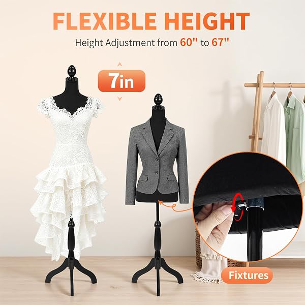 FDW MANIKIN 60”-67”HEIGHT ADJUSTABLE FEMALE DRESS MODEL DISPLAY TORSO BODY TRIPOD STAND CLOTHING FORMS (BLACK, 60-67 INCHES)