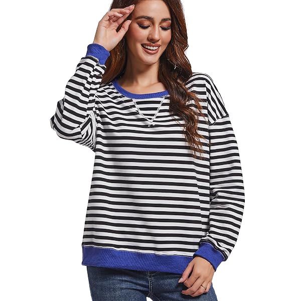 MARS GUARD WOMEN STRIPED SWEATSHIRTS COLOR BLOCK CREWNECK OVERSIZED LONG SLEEVE CLASSIC PULLOVER CASUAL LOOSE SHIRT Y2K TOP BLACK/WHITE