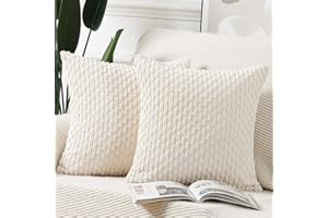 MADIZZ Pack of 2 Boho Striped Corduroy Throw Pillow Covers 18x18 Inch Cream White Soft Decorative Cushion Cover for Bedroom S