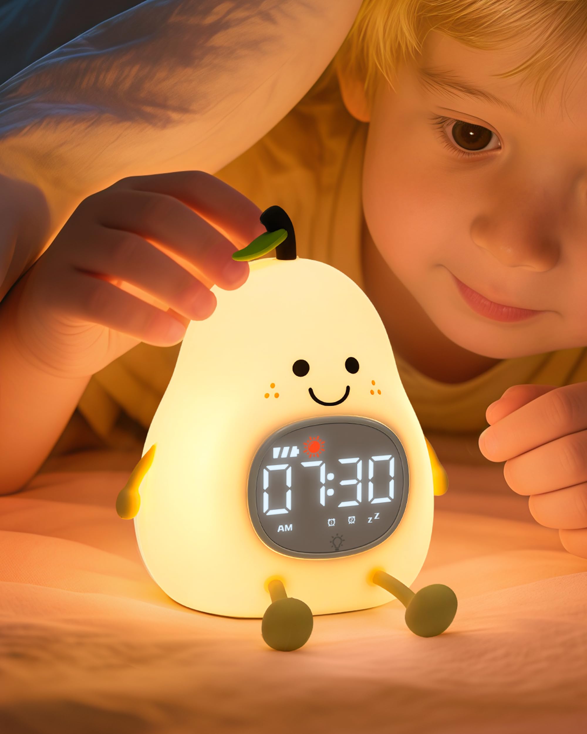 Yiliaw Pear Sleep Training Alarm Clock with Night Light for Kids - Ok to Wake Clock with Dual Alarms, Night Light & RGB Colors, 6 Alarm Tones & White Noise, Rechargeable Clock for Boys & Girls