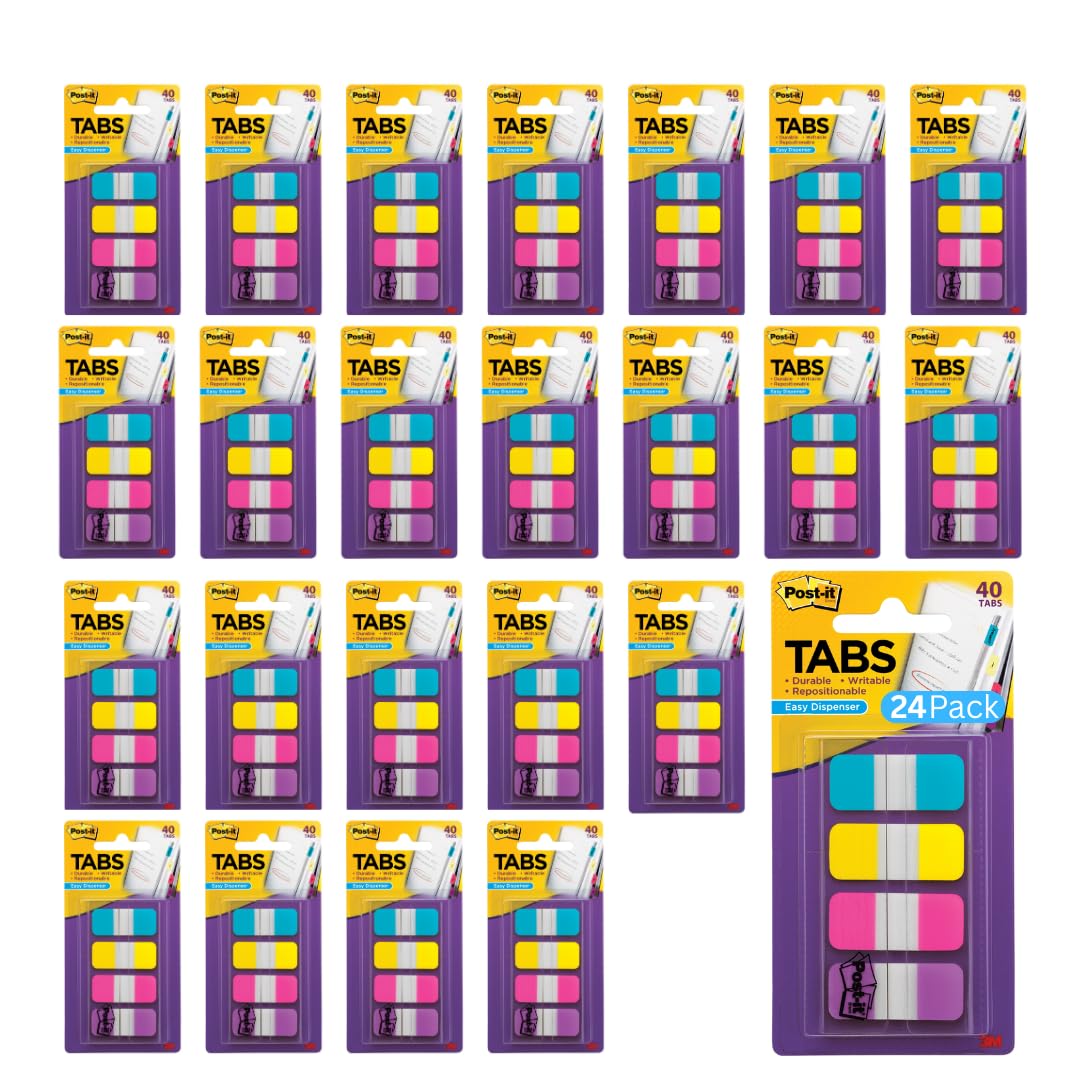 Post-it Tabs, .625 in Solid, Aqua, Yellow, Pink, Violet, 10/Color, 40/Dispenser (676-AYPV) (24 Pack) Image