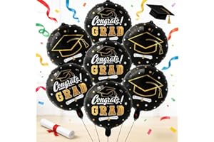 9 Pcs Graduation Foil Balloons Set, Black Congrats Grad Round Foil Mylar Balloons with Graduation Hat Pattern, Class of 2026 