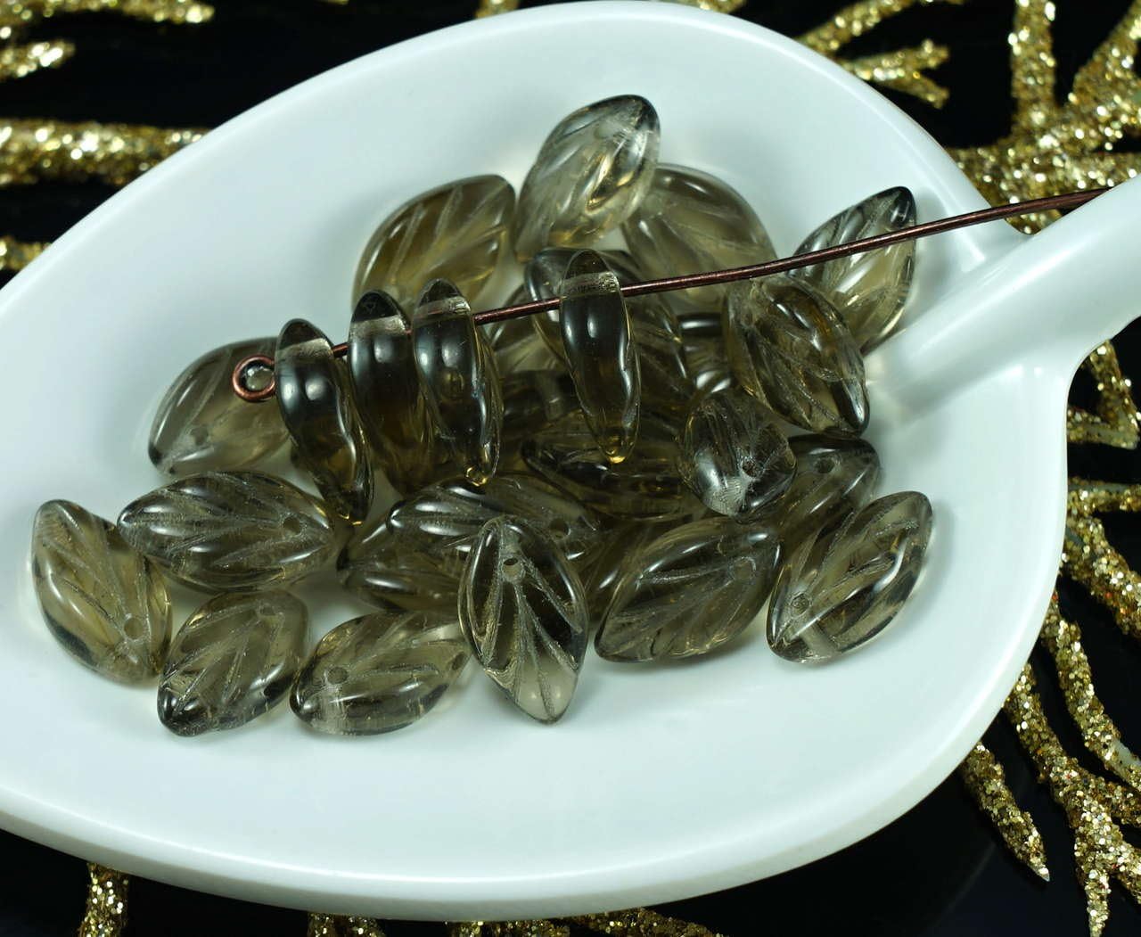 Gray Clear Czech Glass Leaf Beads Flat Carved 12mm x 7mm 30pcs