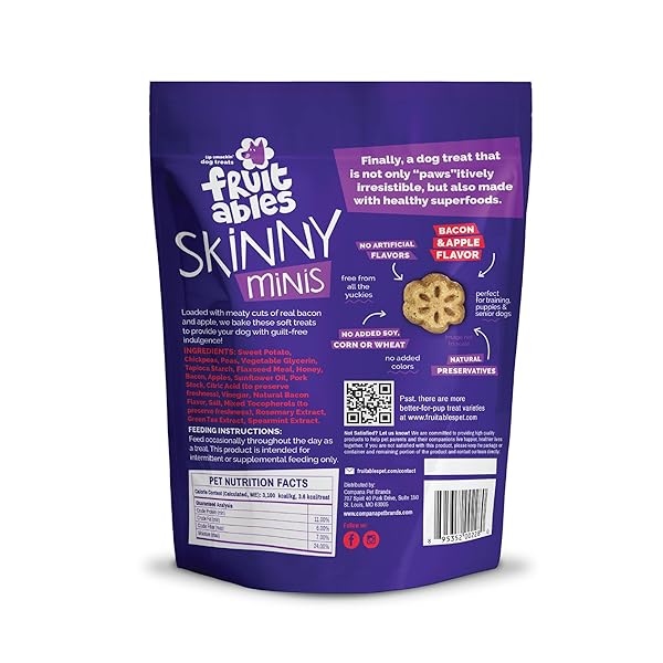 FRUITABLES SKINNY MINI DOG TREATS, HEALTHY SWEET POTATO TREAT FOR DOGS, LOW CALORIE & DELICIOUS, PUPPY TRAINING, FREE OF WHEAT, CORN AND SOY, MADE IN THE USA, BACON AND APPLE FLAVOR, 5OZ