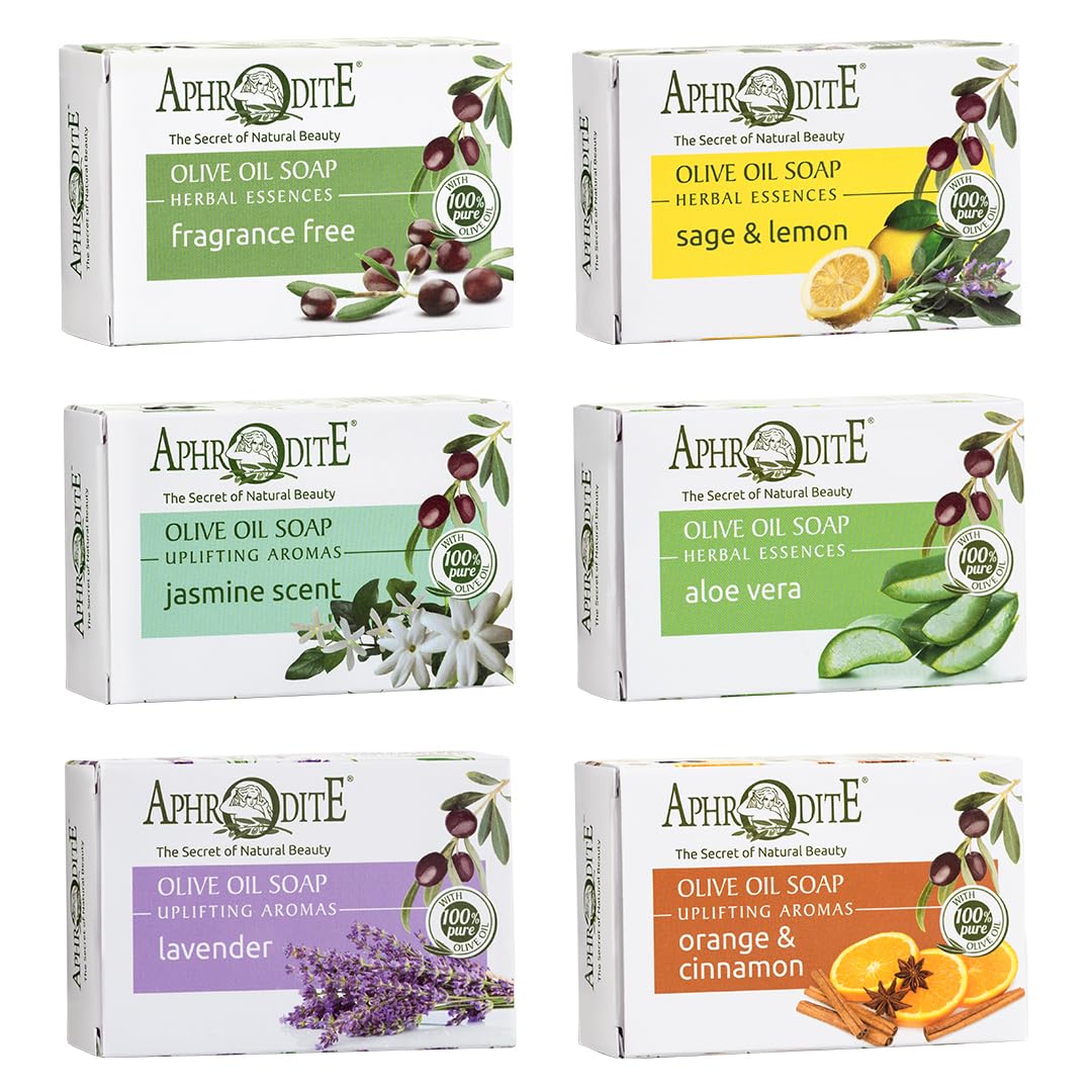 Aphrodite Olive Oil Soap Set, 6-Pack – Natural Soaps with 100% Greek Olive Oil (Fragrance-Free, Sage & Lemon, Jasmine, Aloe Vera, Lavender, Orange & Cinnamon) – Hand & Body Soap