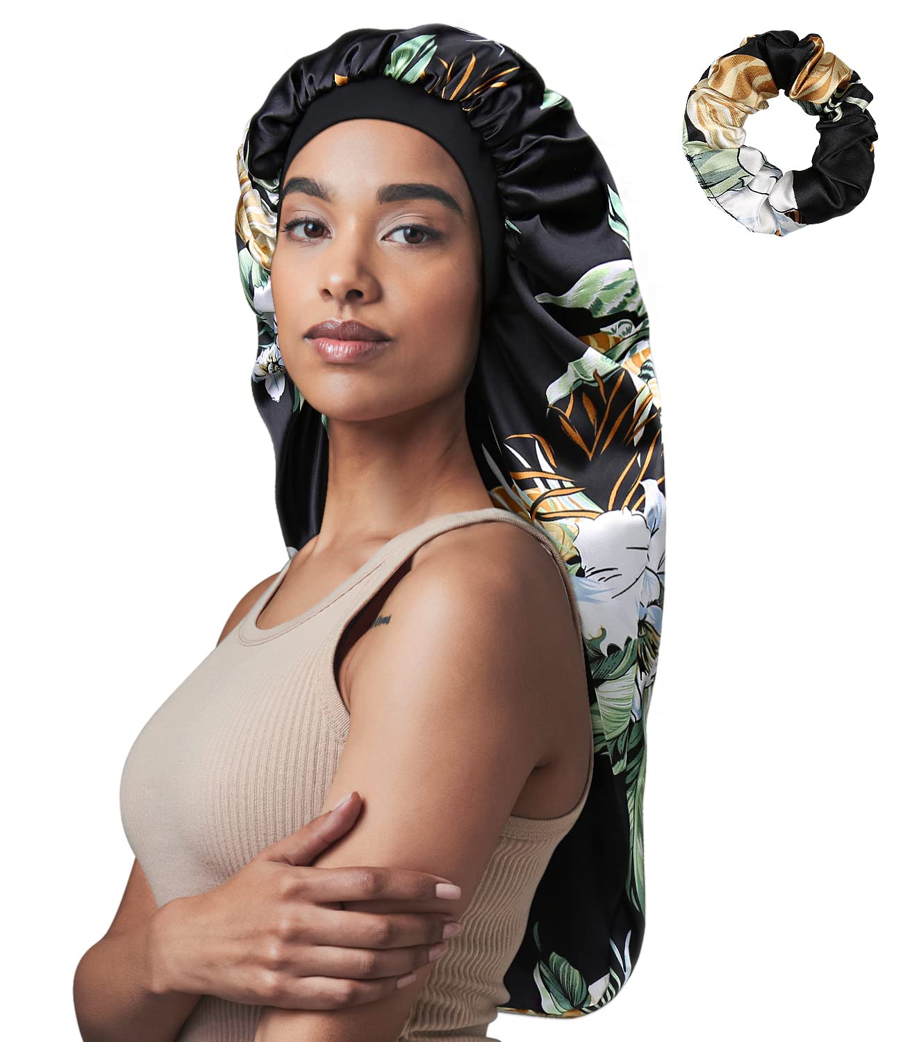 Awefeel Double-Layer Satin Sleep Cap for Long Hair, Braids, Dreadlocks, Curly Hair - Blue - XL